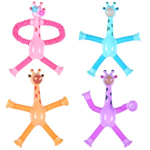 Funmo 4 Stück Telescopic Suction Cup Giraffe Toy,Giraffe Pop Röhren Sensorik Spielzeug,Giraffe Mit Verschiedenen Formen,Lustiges Pädagogisches Stressabbau-Spielzeug für Kinder und Erwachsene von Funmo