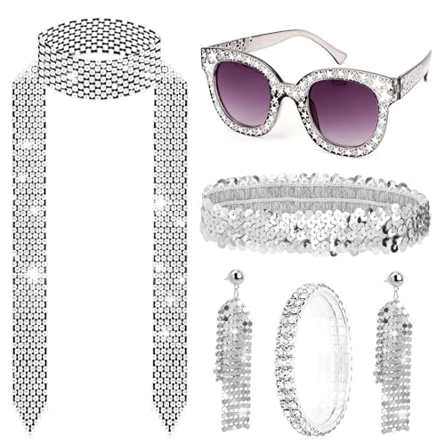 Funmo 5 Stück Disco Accessoires für Damen 70er Jahre Disco Accessoires, Glitzernde Stirnband, Sonnenbrille, Halskette, Ohrringe und Krawatte,Fasching Strass Party Outfit Schmuckset (Silber) von Funmo