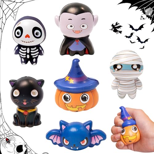 Funmo 6 Stück Halloween Mochi Quetschspielzeug süße, Halloween Mitgebsel Squishys Spielzeug Gesicht Kawaii Squeeze mit Kürbis Spinne Geist Squishies Stressabbau Angst Spielzeug für Kinder von Funmo