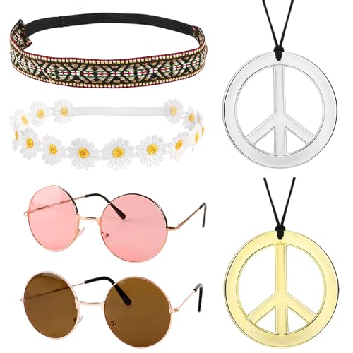 Funmo 6 Stück Hippie Kostüm Set, Hippie Kostüm Accessoires Vintage, Hippie Accessoires mit 2 Hippie Sonnenbrille, 2 Peace Ketten, 2 Böhmen Stirnband, Hippie Kleidung Damen Herren Accessoires von Funmo