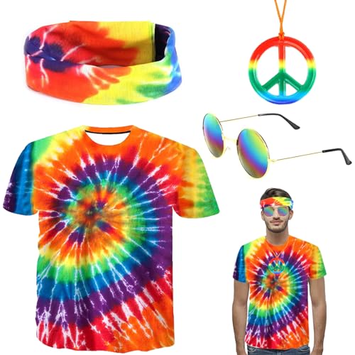 Funmo 70er Hippie Kostüm Set, Hippie Accessories Brille T-Shirt Stirnband Peace Halskette, 60er 70er Jahre Outfit Hippie Kostüm Herren Damen für Fasching Karneval Party 70er Jahre Themenparty von Funmo