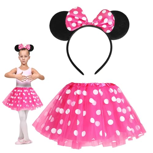 Funmo Damen Maus Mouse Kostüm, Kinderkostüme Mäuschen Rosa Tutu mit weiß Gepunktet + Haarreifen Maus Ohren und Rosa Schleife, Cosply Kostüm Accessoire für Halloween Motto Party von Funmo