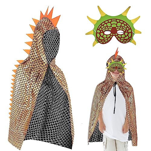 Funmo Dinosaurier Kostüm Kinder, Dinosaurier ​Umhang Glitzernder Dino Kostüm Dinosaurier Cosplay Umhang mit Maske, Maskerade Cape Für Rollenspiel Halloween Karneval Maskerade Jungen Mädchen (Gold) von Funmo