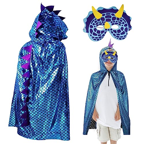 Funmo Dinosaurier Kostüm Kinder, Dinosaurier ​Umhang Glitzernder Dino Kostüm Dinosaurier Cosplay Umhang mit Maske, Maskerade Cape Für Rollenspiel Halloween Maskerade(Blau) von Funmo