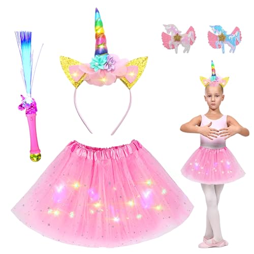 Funmo Einhorn Kostüm Set 5 Stück Einhorn Kostüm Prinzessin Set Einhorn Tütü Einhorn Glasfaser Leuchtstäbe Einhorn Haarreifen Einhorn Haarspangen Einhorn Prinzessin Kleid Für Karneval Party von Funmo