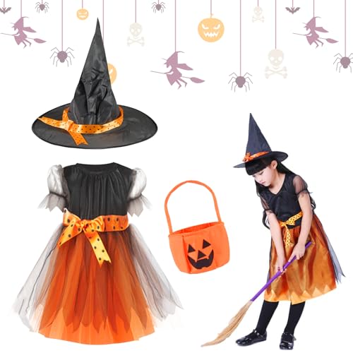 Funmo Eledreme hexenkostüm mädchen, halloween kostüm kinder mit hexenhut und Sammeltasche, kostüm hexe kinder für Halloween Karneval Maskerade Rollenspiele (90-140cm) ﻿ (M-Code) von Funmo