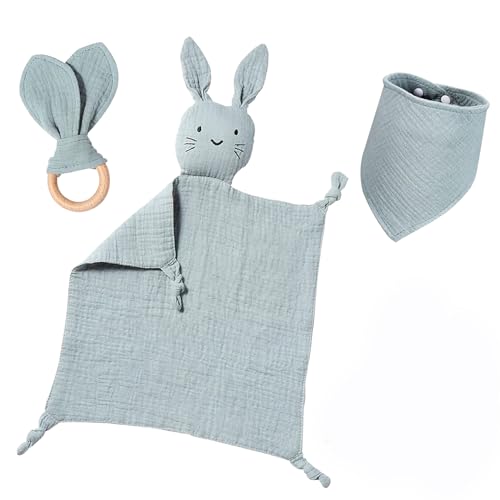 Funmo Geschenk zur Geburt Babygeschenke Set Schnuffeltuch, Lätzchen, Beißring Baby Neugeborenen Geschenk 100% Baumwolle für Mädchen und Junge(Hase Türkis) von Funmo