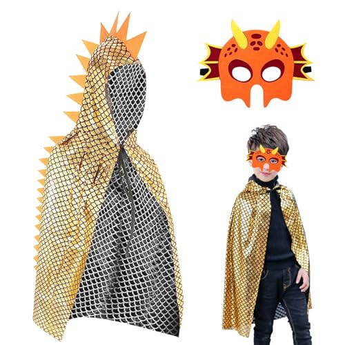 Funmo Karneval Dinosaurier Umhang, Karneval Cosplay Kinder Köstum Cape mit Mask, Drachen Umhang für Junge Mädchen, für Rollenspiel Halloween Themenparty Maskerade von Funmo