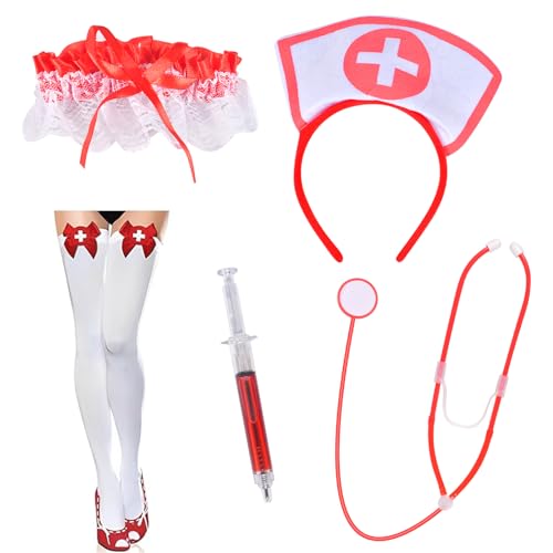 Funmo Krankenschwester zubehör Set, Krankenschwester, Krankenschwester kostüm mit Haarreif, Stethoskop, Strümpfe, Simulationsspritze, Strumpfband, Arzthelferin, Beruf, Kostüm, Mottoparty, Karneval von Funmo