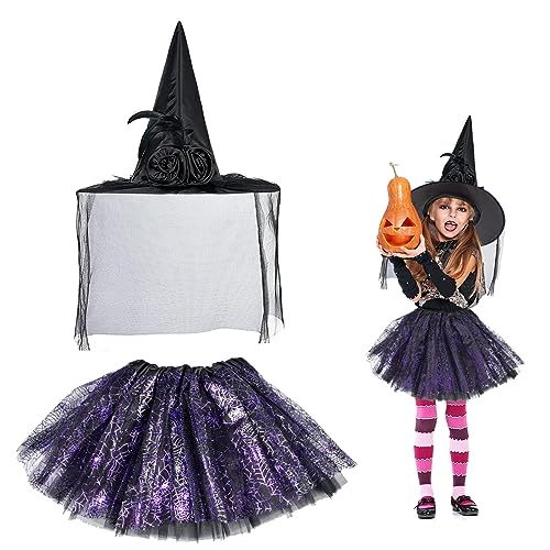 Funmo Lila Hexenrock mit Hexenhut Hexenkostüm Mädchen,Hexe Kostüm Kinder Halloween-Maskerade-Zauberer-Kostüm Tüllrock Tütü Rock Lila für Kinder Mädchen Halloween-Dress Up von Funmo