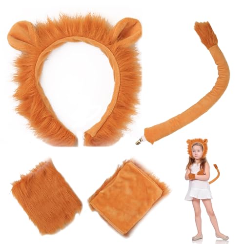 Funmo Löwen Kostüm Kinder Tierkostüm Löwen Ohren Haarreifen Schwanz und Pfoten Set Halloween Kostüm für Kinder und Erwachsene Karneval Tiere Cosplay Geburtstag Party Faschingskostüme von Funmo