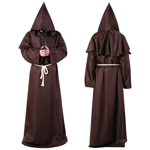 Funmo Mönch Robe,Mittelalterliche Renaissance Robe,Kostüm Mönch mit Kapuze und Kordel,Halloween Mönch Robe Priester Kostüm,für Halloween Cosplay Karneval und Fasching (Kaffeefarbe XL) von Funmo