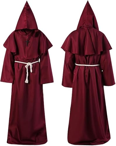 Funmo Mönch Robe,Mittelalterliche Renaissance Robe,Kostüm Mönch mit Kapuze und Kordel,Halloween Mönch Robe Priester Kostüm,für Halloween Cosplay Karneval und Fasching (Rot L) von Funmo