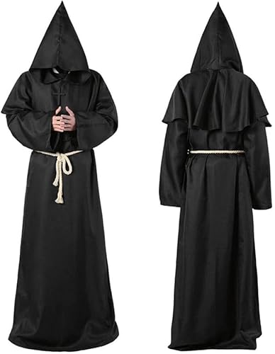 Funmo Mönch Robe,Mittelalterliche Renaissance Robe,Kostüm Mönch mit Kapuze und Kordel,Halloween Mönch Robe Priester Kostüm,für Halloween Cosplay Karneval und Fasching (Schwarz L) von Funmo