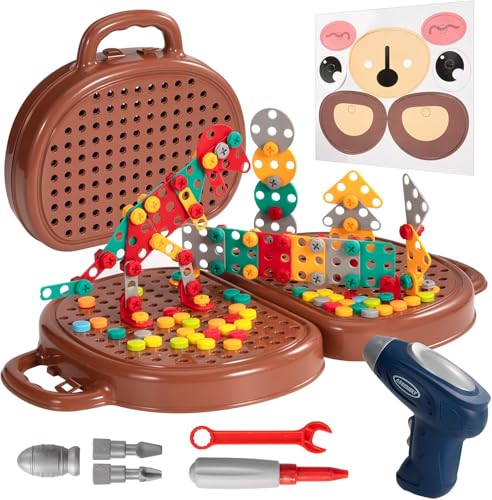 Funmo Mosaik Steckspiel Schraube Spielzeug,Montessori spielzeug ab 12 3 jahr,3D Puzzle Kinderspielzeug,mit Bohrmaschine Pädagogisch Kreativ Spielzeug (teddy bear) von Funmo