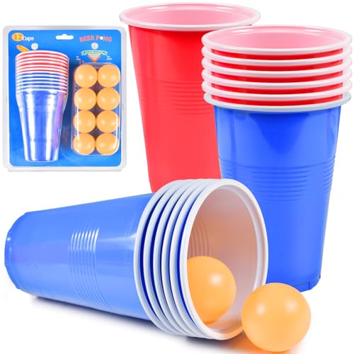 Funmo Pong Becher,12 Pong Party Becher und 12 Tischtennisbälle,Wiederverwendbare - Party Geburtstag Festivals Hochzeit CampingGame,Partybecher 480ml /16OZ von Funmo