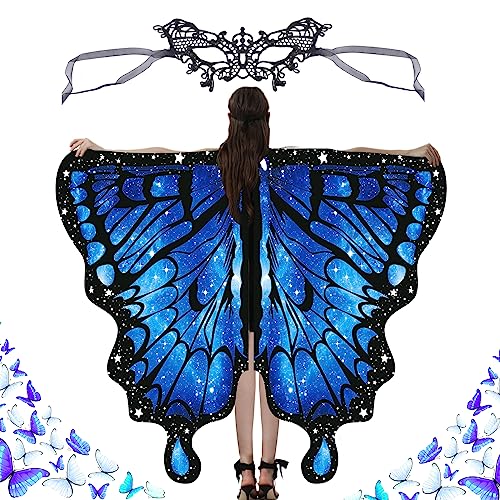 Funmo Schmetterling Kostüm Damen,Schmetterling Schal Flügel Tuch mit Damen Spitze Maske Schmetterlingsflügel Erwachsene Poncho Umhang für Cosplay Halloween Weihnachten Kostüm Karneval Fasching von Funmo