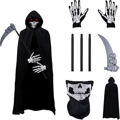 Funmo Sensenmann Kostüm,Totenkopf Maske Set mit Sensemann Umhang,Halloween Sense und Handschuhe,Halloween Set geeignet für Männer und Frauen,Halloween Kostüm Unisex für Cosplay Halloween Party von Funmo