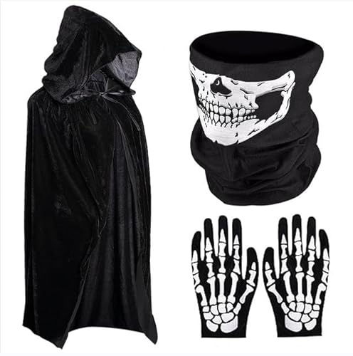 Funmo Umhang mit Kapuze Herren Damen Erwachsene Kinder Vampir Umhang Samt Schwarz Robe Lange mit Schädelmaske Handschuhe Halloween Sensenmann Vampir Kostüm Cosplay 110~150cm Schwarzer (110CM) von Funmo