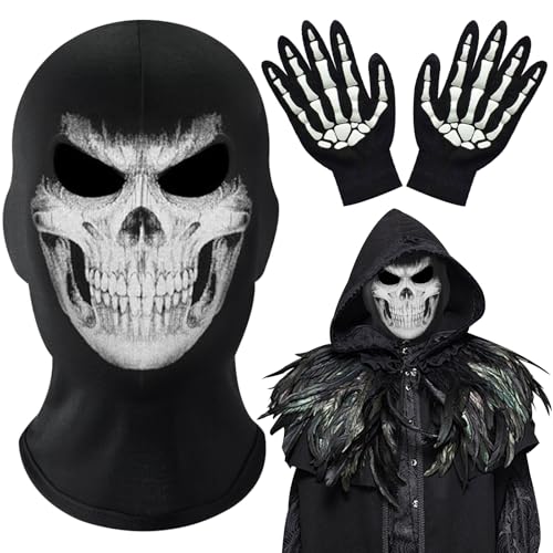 Funmo Volles Gesicht Skelettschädelgeist,2 Stück Skelett Maske mit 1 Paar Skelett Handschuhe,Motorrad Totenkopf Maske,Weiße Skelett Handschuhe Set für Halloween Karneval Cosplay Kostüm von Funmo