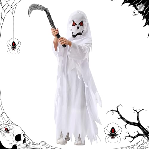 Funmo Weißes Geister Halloween Kostüm, Kinderkostüm Gespenst,Gespenster Kostüm Kinder Geist Umhang für Kinder Halloween Süßes oder Saures mit Sichel (120CM) von Funmo