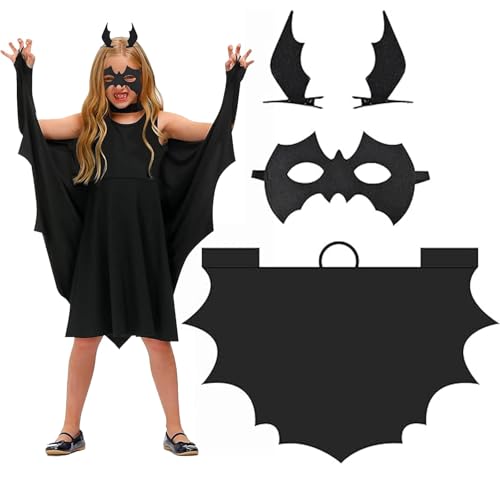 Halloween Kinder Kostüm, Fledermaus Kostüm Set Flügel Umhang,Maske Schwarz Bat Cape,2 Stück Fledermausflügel Haarspangen für Fledermauskostüm Vampir zu Halloween Karneval Fasching Motto Party (130CM) von Funmo