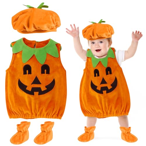 Halloween Kürbis Kostüm, Kürbis Kostüm kinder, mit Schuhe und Hut, Halloween Kürbis Kostüm Kinder Mädchen Junge mit Hut und Kürbistasche, für Kinder, Jungen, Mädchen (100) von Funmo