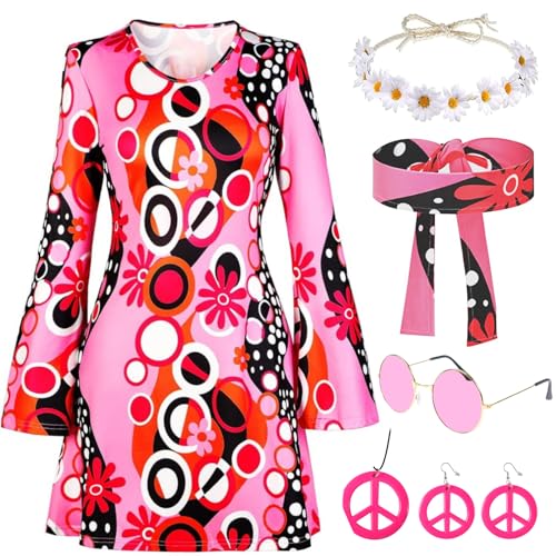 Hippie Kleidung Kleid, 70er Jahre Kostüm Kleidung Accessoires, Hippie kostüm Damen, Damen Accessoires Disco Outfit Kostüm Damen Mädchen Faschingskostüme für Party-Kostüm, Halloween Retro-Kleider von Funmo