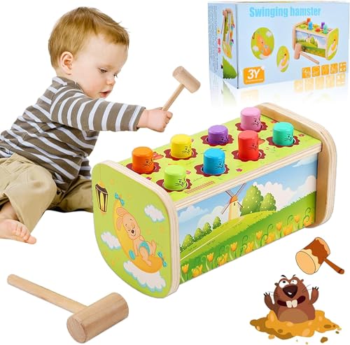 Montessori Spielzeug Hammer Spiel, Hammerspiel für Kinder ab 1 Jahre, Langlebiges Holzspielzeug mit 1 Holzhammer, Hämmerchenspiel, Holz Klopfspiel Geschenk ab 12 Monate Junge Mädchen von Funmo
