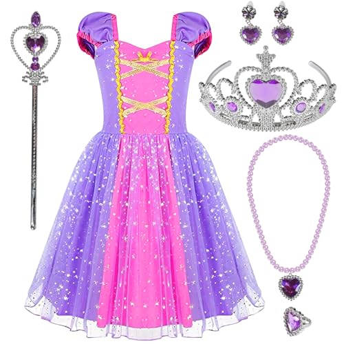 Prinzessin Kleid Mädchen, Kostüm Kinder Verkleidung mit Krone Diadem Handschuhe Zauberstab Halskette Stirnband Cosplay Kostüme für Weihnachten Verkleidung Karneval Halloween Hochzeit Geburtstag Party von Funmo