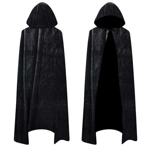 Schwarzer Umhang mit Kapuze,Samt Cape Halloween Vampir Kostüm,Halloween Vampir Cape Kostüm Damen Herren Erwachsener,für Karneval Halloween Cosplay Kostüm (M-150cm) von Funmo