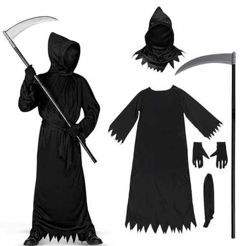 Sensenmann Kostüm Kinder mit Sense,Schwarz Halloween Kostüm, Sensenmann Jungen Reaper Kostüm, Halloween Party Karnevals Cosplay von Funmo