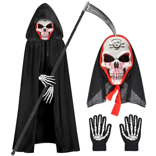 Sensenmann Kostüm Set,Halloween Ghost Kostüm Set mit Blutrote Sensenmann Maske,Kapuzenumhang,Im Dunkeln leuchtende Handschuhe,und Sense für Halloween Dekoration,Cosplay von Funmo