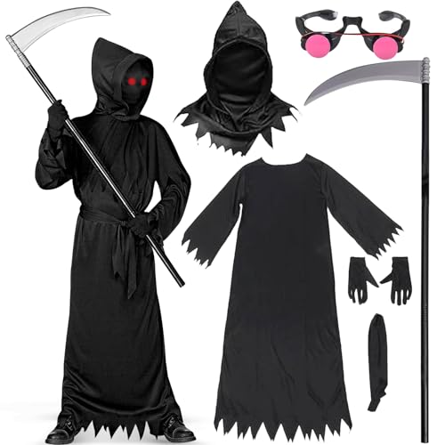 Sensenmann Kostüm für Halloween,Leuchten Im Dunkeln Halloween Kostüm Kinder Jungen,Halloween Geisterkostüm Cosplay Set,Im Dunkeln leuchtendes Skelettkostüm für Kinder (S) von Funmo