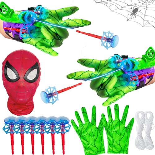 Funnity 2 Sets Grüne Spider Handschuhe mit Launch, Marve Spider Spielzeug Web Shooter, Spider Maske, Spider Kostüm Kinder für Fasching Spider Cosplay Spider Geschenk von Funnity