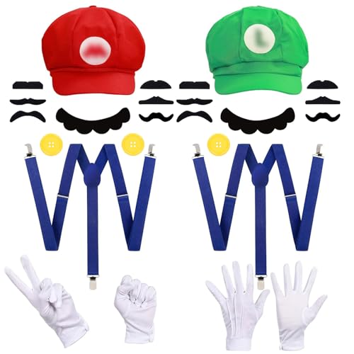 Funnity 2 Sets Mario und Luigi Kostüm Damen Herren, Mario und Luigi Mütze Hosenträger Knöpfe Schnurrbart Handschuhe, Mario Luigi Partnerkostüme Erwachsene Kinder für Karneval Kostüm(Mario und Luigi) von Funnity