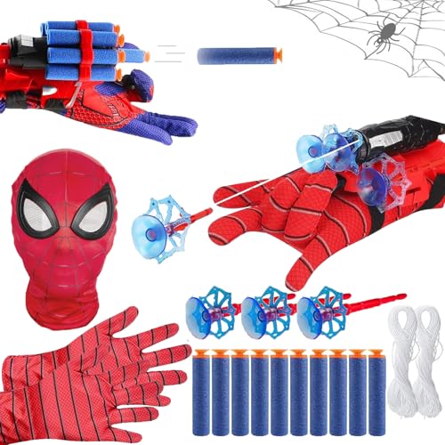 Funnity 2 Sets Rot Spider Handschuhe mit Launch, Marve Spider Spielzeug Web Shooter, Spider Maske, Spider Kostüm Kinder für Fasching Spider Cosplay Spider Geschenk von Funnity