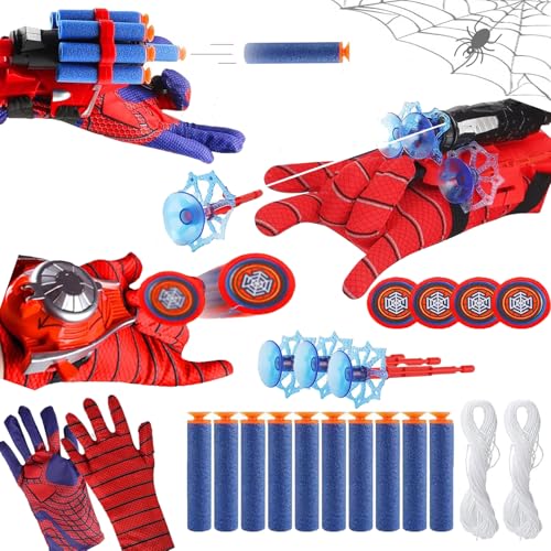 Funnity 3 Sets Spider Handschuhe mit Launch, Marve Spielzeug Spider Netzwerfer, Spider Handschuhe Spinnennetz, Spider Kostüm Kinder für Fasching Spider Cosplay Spider Geschenk von Funnity