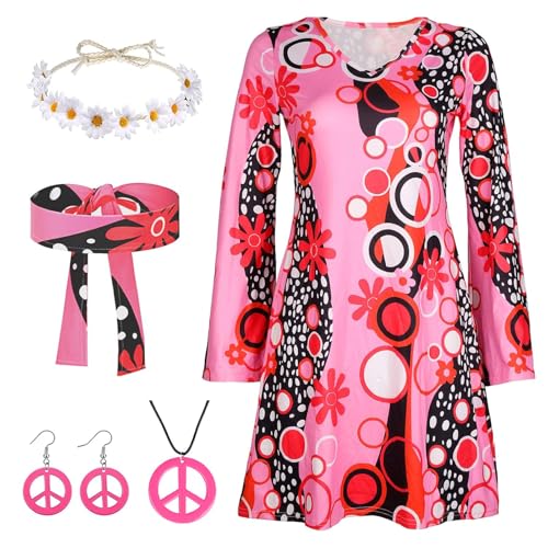 Funnity 70er Jahre Hippie Kostüm Damen, Hippie Accessoires Oberteil Kette Ohrringe Haarband, Hippie Kleid, 70er Jahre Bekleidung Damen for Karneval Cosplay L von Funnity