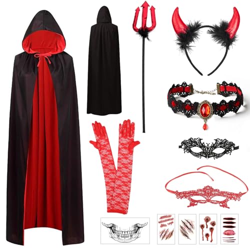 Funnity Halloween Cape Damen Halloween Vampir Kostüm Erwachsene Satin Umhang mit Kapuze 150CM Doppelseitig Vampir Umhang Damen für Halloween Karneval Mittelalter Kostüm Party von Funnity