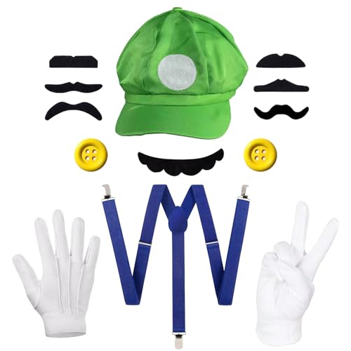 Funnity Luigi und Mario Kostüm Damen Herren, Mario und Luigi Mütze Hosenträger Knöpfe Schnurrbart Handschuhe, Mario Luigi Partnerkostüme Erwachsene Kinder für Karneval Kostüm(Luigi) von Funnity