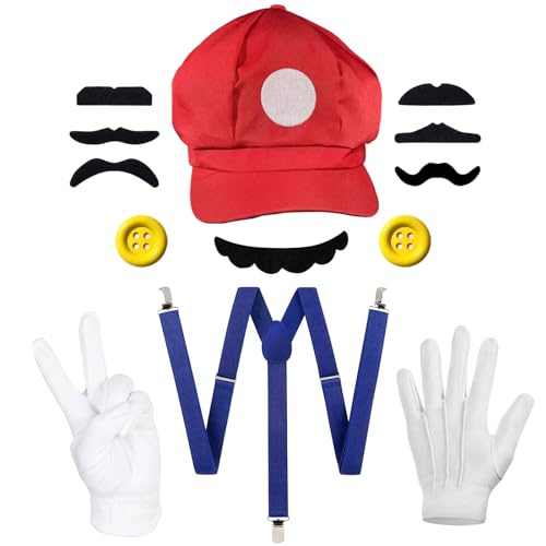 Funnity Mario und Luigi Kostüm Damen Herren, Mario und Luigi Mütze Hosenträger Knöpfe Schnurrbart Handschuhe, Mario Luigi Partnerkostüme Erwachsene Kinder für Karneval Kostüm(Mario) von Funnity