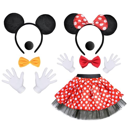 Funnity Minnie Mouse Kostüm Damen, Mick Mouse Partnerkostüme Erwachsene, Mini Maus Ohren Handschuhe Nase Fliege Flauschiger Rock, Minnie Mouse Kostüm Für Fasching Mottoparty Cosplay von Funnity