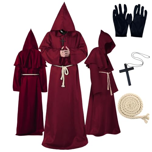 Funnity Mönch Kostüm, Faschingskostüme Männer, Priester Kostüm Herren, Mittelalter Kleidung Herren eignen sich perfekt als Karneval Kostüm Herren, Maskeradenkostüme(Rot, Large) von Funnity