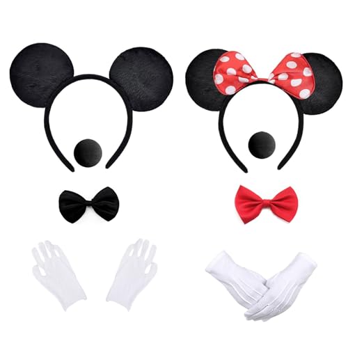 Funnity Mouse Kostüm Damen, Mouse Partnerkostüme Erwachsene, Maus Ohren Handschuhe Nase Fliege Schleife Karneval Kostüm Damen, Mouse Kostüm Für Fasching Mottoparty Cosplay von Funnity