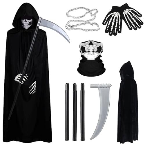 Funnity Sensenmann Kostüm, Totenkopf Maske,Sensemann Umhang, Geisterhandschuhe, Abnehmbare HalloweenSense und Kette, Halloween Kostüm Unisex für Halloween Dekoration,Cosplay,Karneval von Funnity