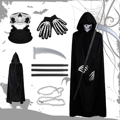 Funnity Sensenmann Kostüm, Totenkopf Maske,Sensemann Umhang, Geisterhandschuhe, Abnehmbare HalloweenSense und Kette, Halloween Kostüm Unisex für Halloween Dekoration,Cosplay,Karneval von Funnity