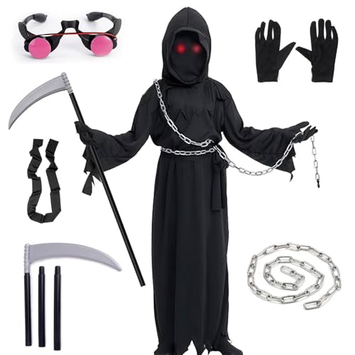 Funnity Sensenmann Kostüm Kinder, Halloween Kostüm Kinder, mit Leuchtenden Brillen + Sensenmann Sensen + Ketten+Handschuhe, Rollenspielkostüm, Geeignet für Jungen im Alter von 5–14 Jahren M Funnity Sensenmann Kostüm Kinder, Halloween Kostüm Kinder, mit Leuchtenden Brillen + Sensenmann Sensen + Ketten+Handschuhe, Rollenspielkostüm, Geeignet für Jungen im Alter von 5–14 Jahren M von Funnity