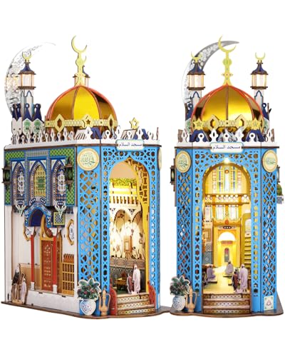 Funnli Book Nook - DIY Miniature Moschee House, 3D Gewächshaus Holzpuzzles mit LED-Licht, Booknook Bücherregal Deko, Kreative Geschenkdekoration für Erwachsene von Funnli