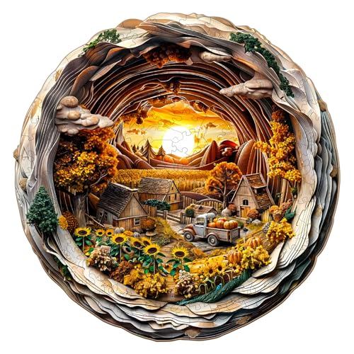 Funnli Holzpuzzle für Erwachsene, 3D Vision in der Höhle Holzpuzzle für Erwachsene und Kinder (3D Herbstfarm-1), Holzpuzzle mit Holzgeschenkbox von Funnli